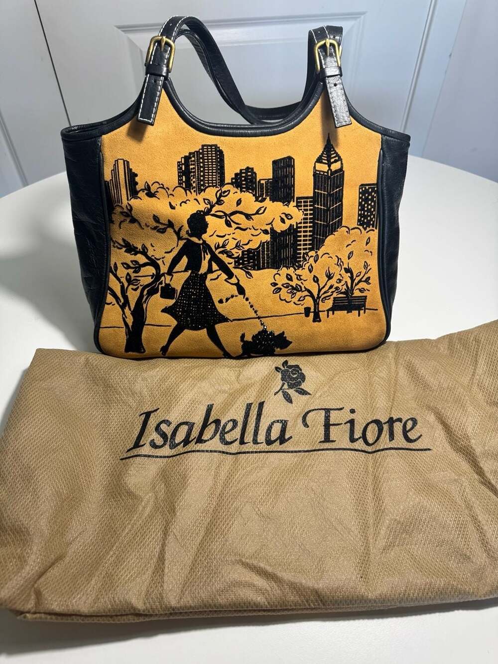 Isabella Fiore City Scene Suede Leather Shoulder Tote Bag Dog Walker Purse
